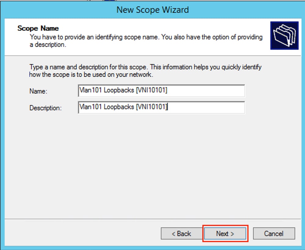 win2012, Choose the name and the description for the DHCP Scope