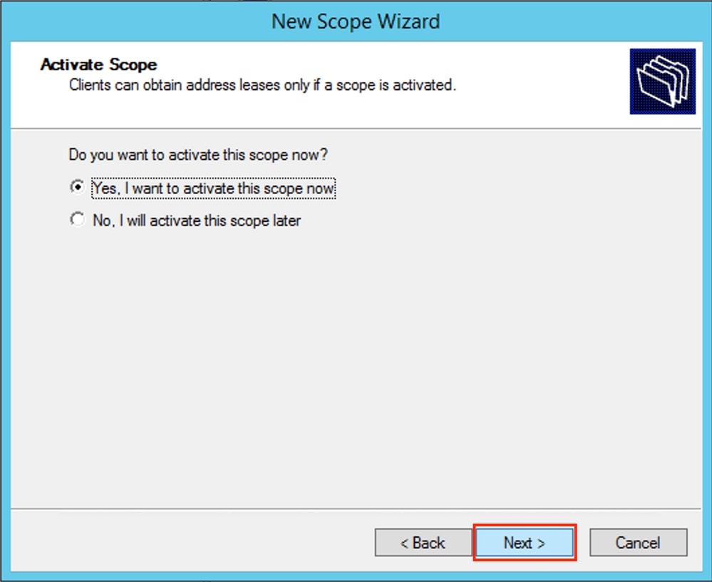 win2012, Activation of the DHCP Scope