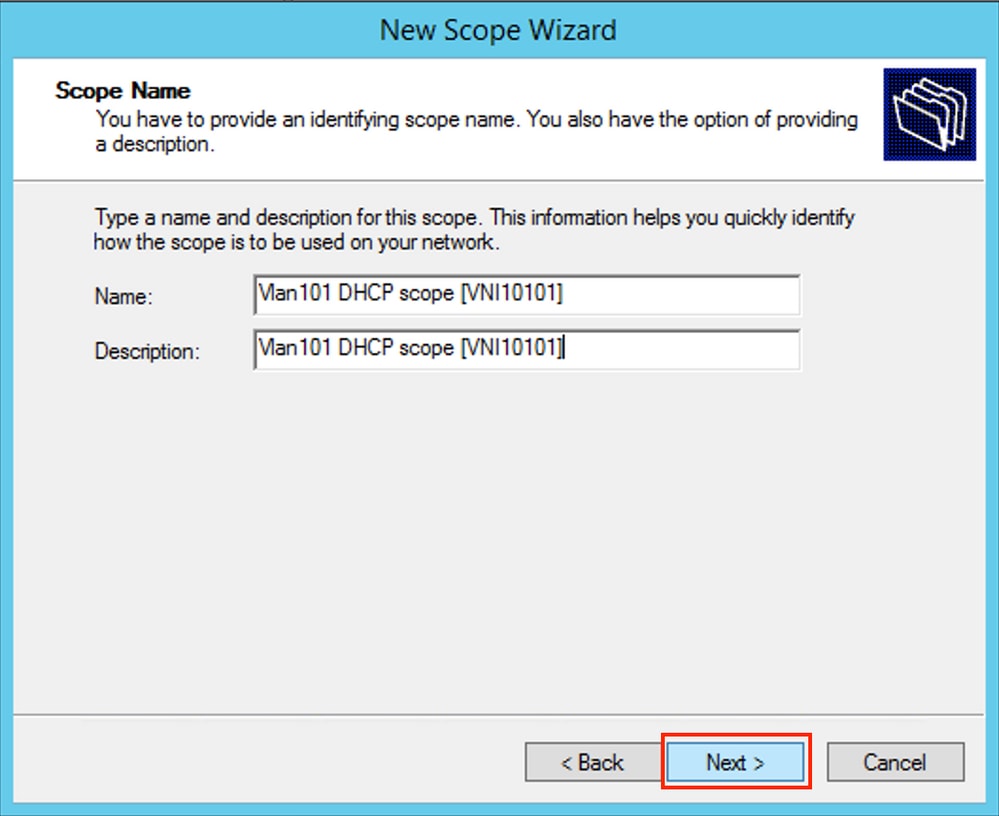 win2012, Define the name and the description for the DHCP Scope