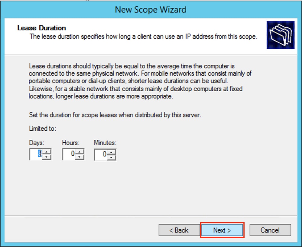 win2012, Define Lease time for DHCP Scope