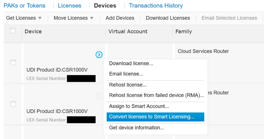 Select Convert licenses to Smart Licensing
