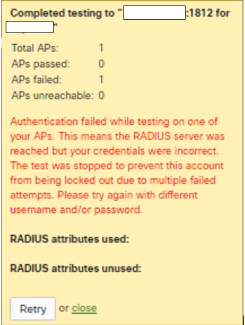 All Meraki Devices Tries to Connect to the Radius Server - Test Output Result
