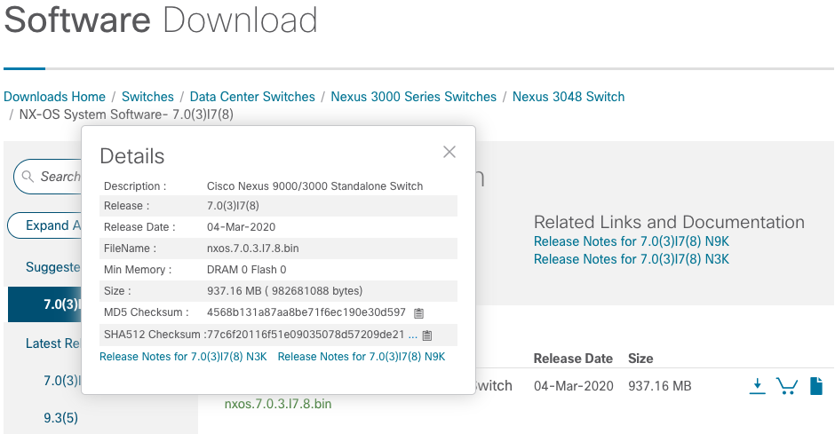 Checksum values for software item on Cisco's Software Download website.