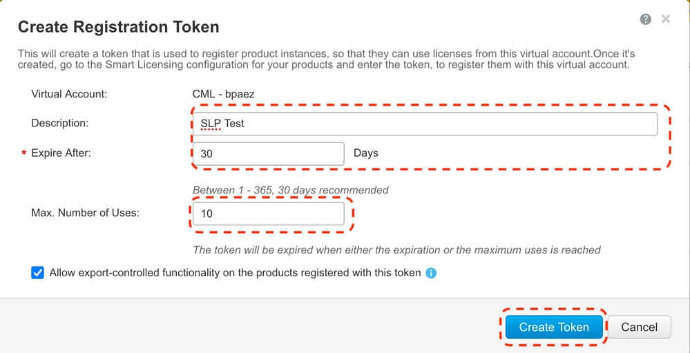 CSSM - Create Registration Token彈出視窗