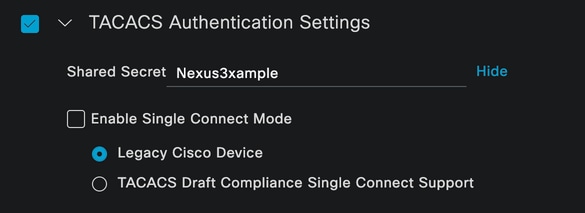 Sección de Configuración de TACACS