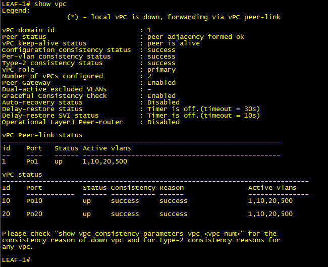vPC Status on Leaf Switch 1