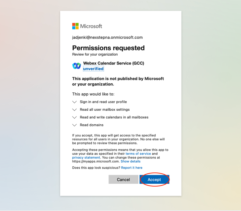 Microsoft Permissions requested