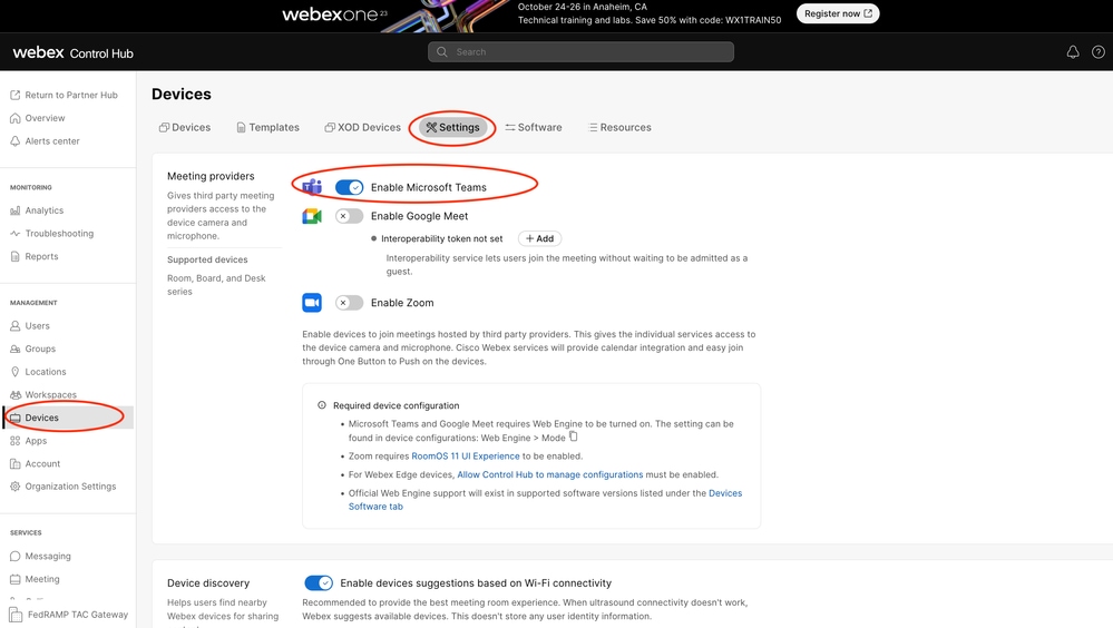 Devices Setting enable MS Teams