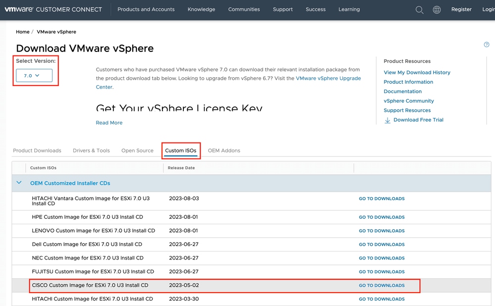 VMware portal ISO download page