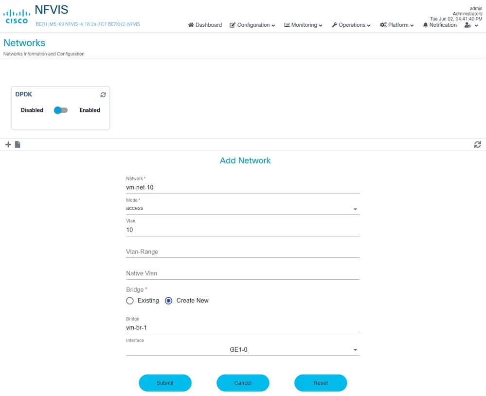 NFVIS Networks Add Page vm-net-10 config and new bridge