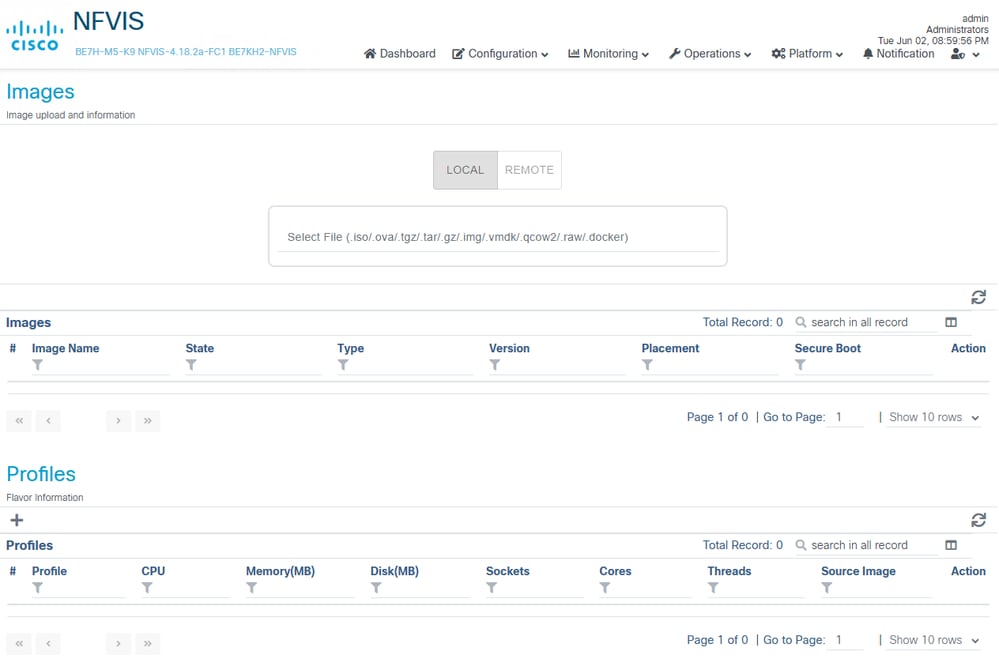 NFVIS Images Page No Images No Profiles Select File