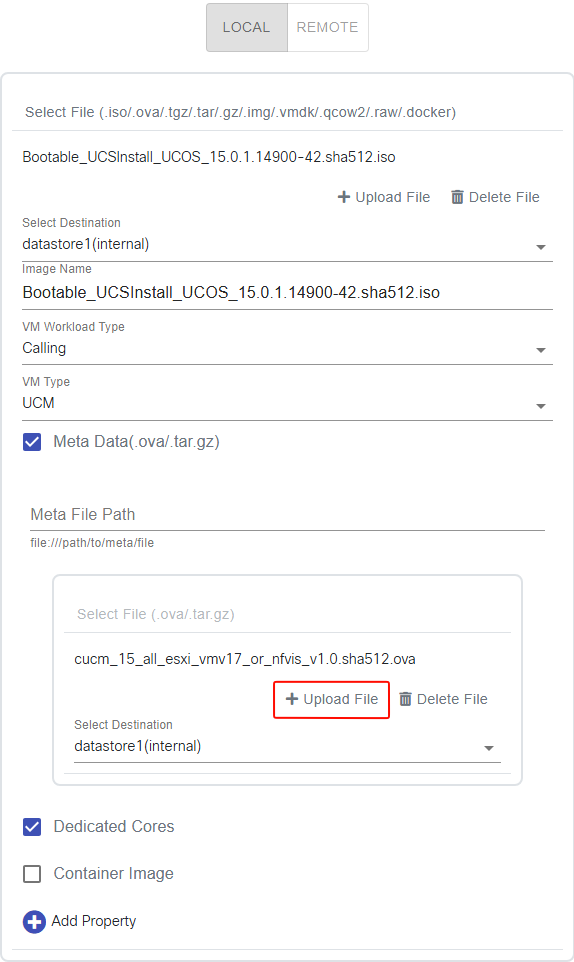 NFVIS Image CUCM Metadata selected and ready to upload