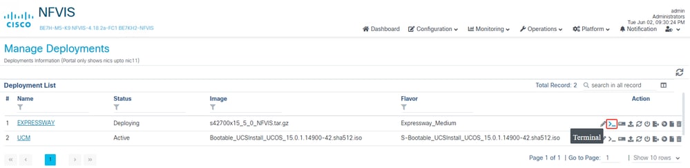 NFVIS Manage Deployments Terminal