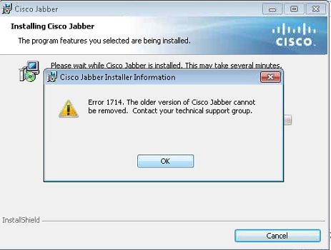 Error 1714 - the older version of Jabber cannot be removed - caused by persistent registry keys for Cisco Jabber for Windows