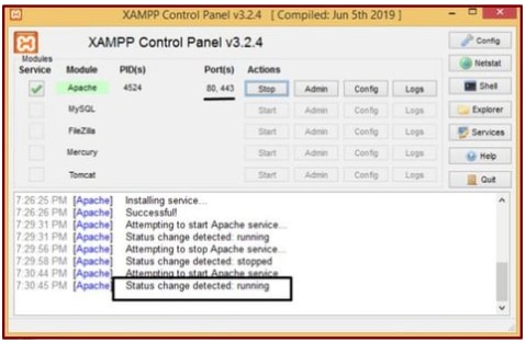 Status messages display that the Apache service is running.