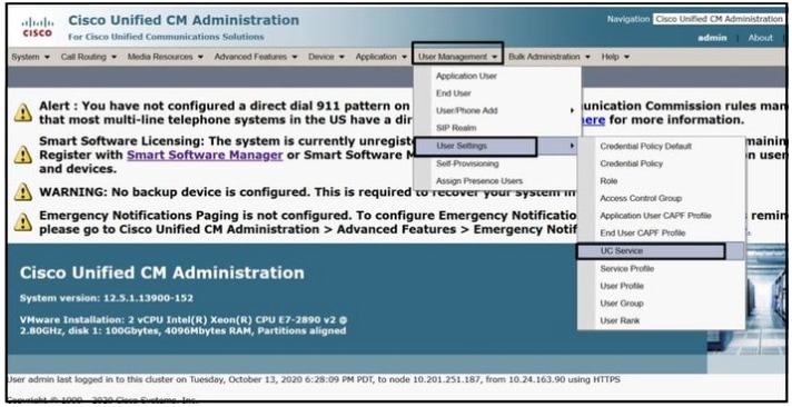 Open 'UC Service' on the CUCM Administration web page.