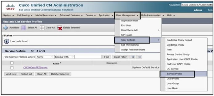 Open 'Service Profile' on the CUCM Administration web page.