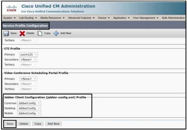 Assign the created Jabber Client Configuration to the 'Service Profile' and click the Save button.