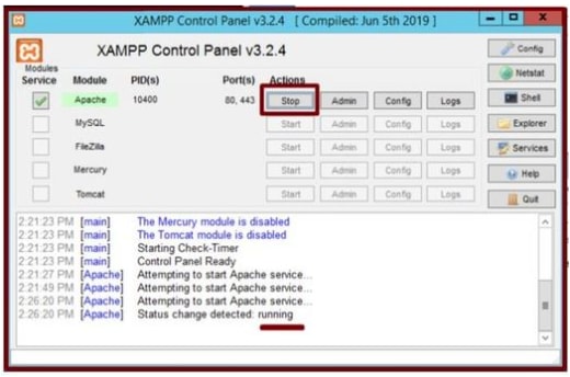 Restart the Apache service by pressing the Stop & Start button.