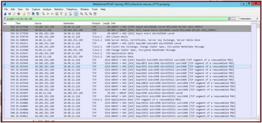 Wireshark capture on the Web server shows the PRT file transactions happened securely.