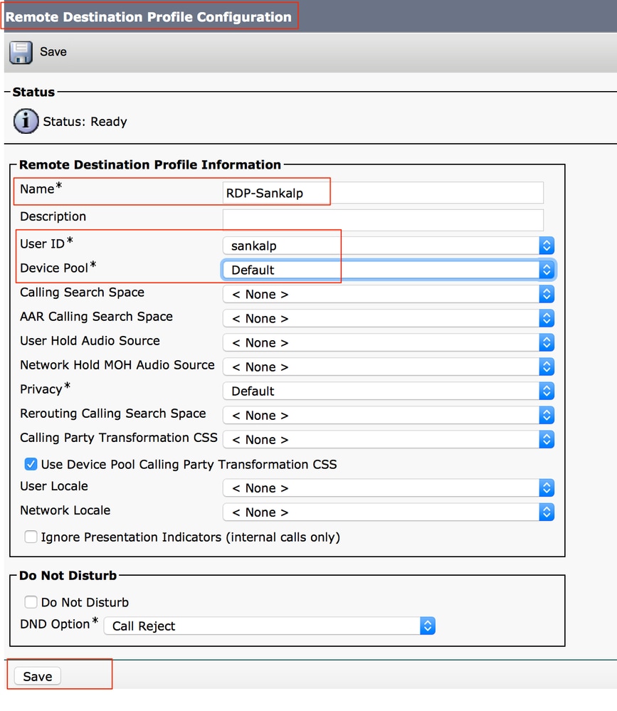 Enter name, user ID, and device pool on the Remote Destination Profile Information screen