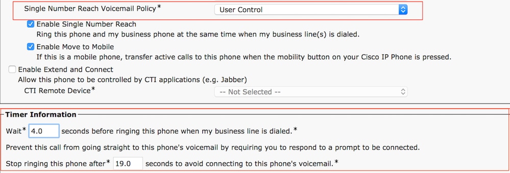 Timer Information options when Single Number Reach voicemail policy is configured for User Control