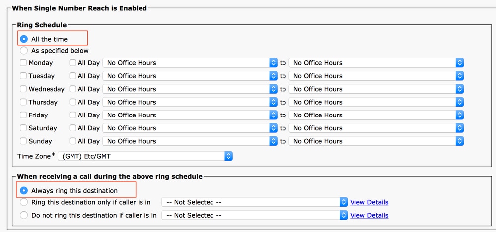 Ring Schedule options for Single Number Reach configuration