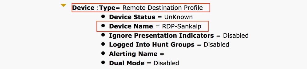 Verify the device name for the Remote Destination Profile in the Dialed Number Analysis output