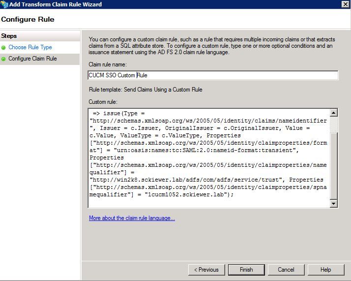 SSO with CUCM and AD FS - Configure Rule - Define custom rule