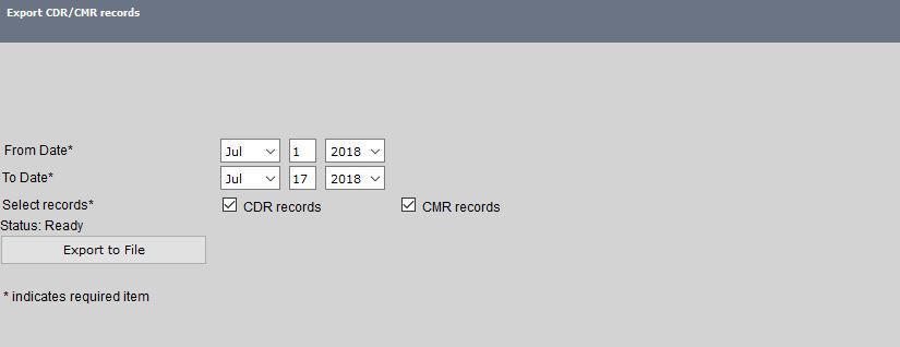 Select dates on the Export CDR/CMR Records screen