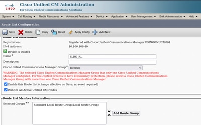 Add Route list with Standard Local Group