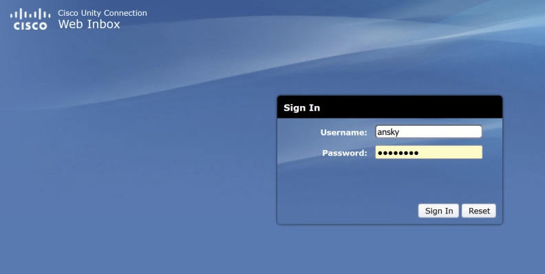 Cisco Unity Web Inbox Log in Screen