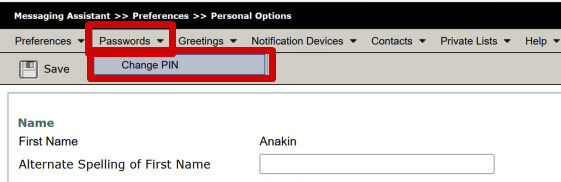 Cisco PCA Messaging Assistant PIN Change