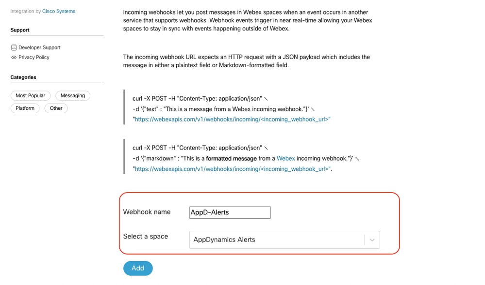 Webhook Webex Space Selection
