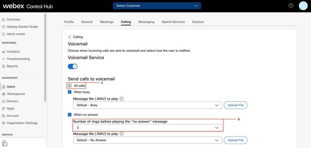 Webex Control Hub - User 1 - Send Calls to Voicemail