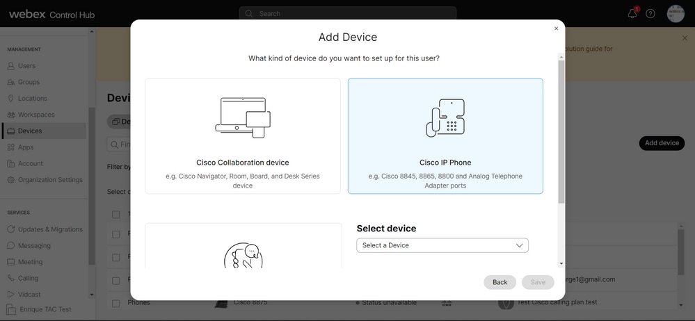 Selezionare il modello del dispositivo