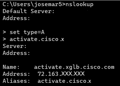 nslookup attivazione.cisco