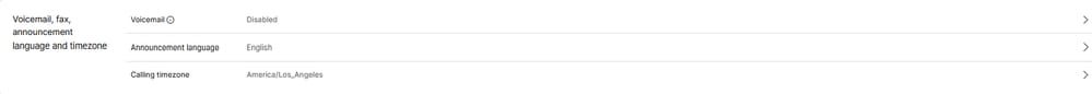 Buzón de voz, fax, idioma del anuncio y zona horaria