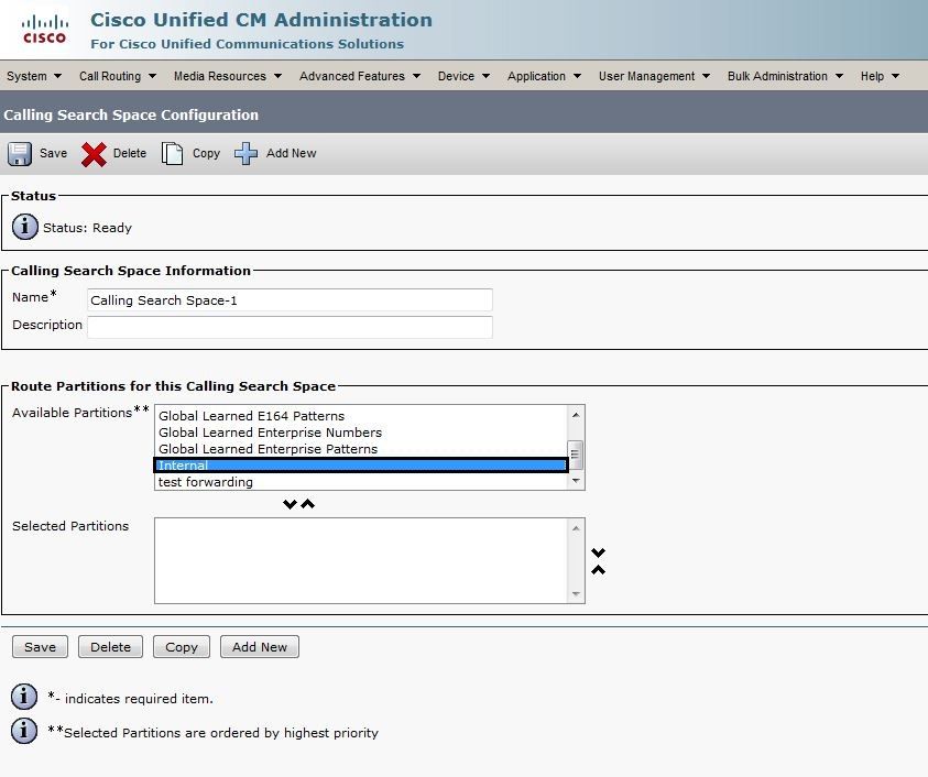 Create a Call Search Space (CSS) and Assign Partitions in Cisco CallManager Administration