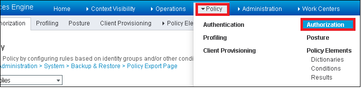 ISE authorization policy page