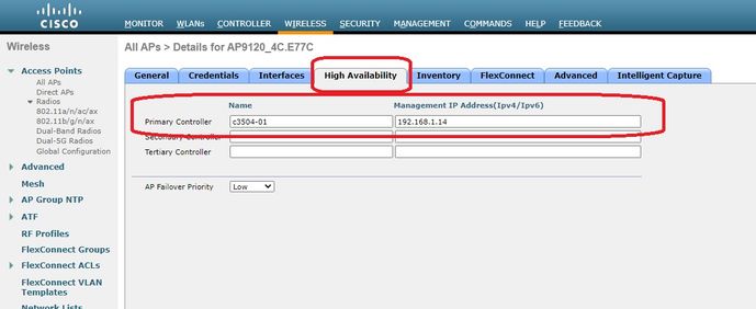 Configure AP as an OEAP - Configure a primary WLC on High Availability tab