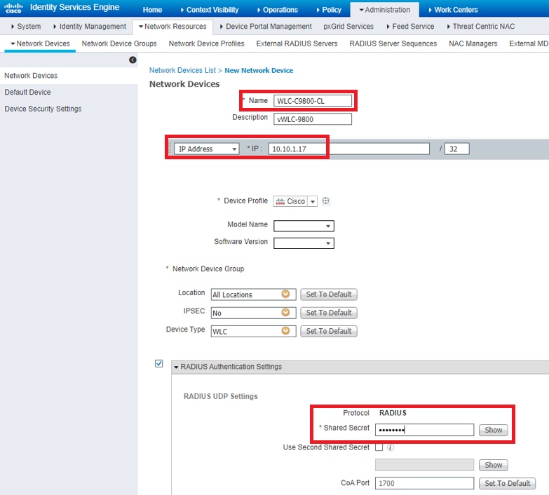 Configuration with the WLC management IP address and Radius shared secret between WLC and ISE