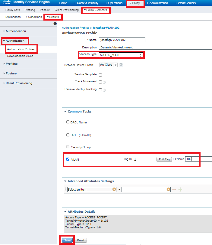 Authorization profile configuration with VLAN information