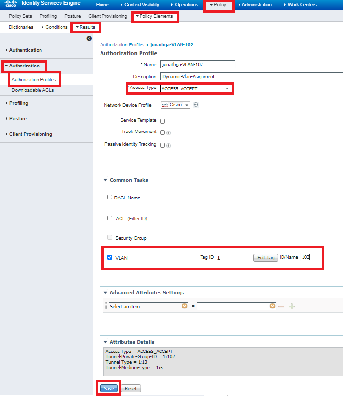 VLAN 정보가 있는 권한 부여 프로파일 컨피그레이션