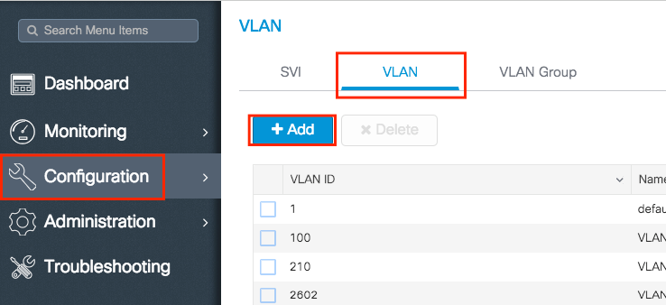 Navigieren Sie zum VLAN, und wählen Sie +Hinzufügen aus.