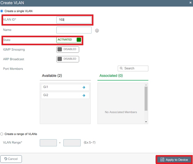 Enter information to create a VLAN