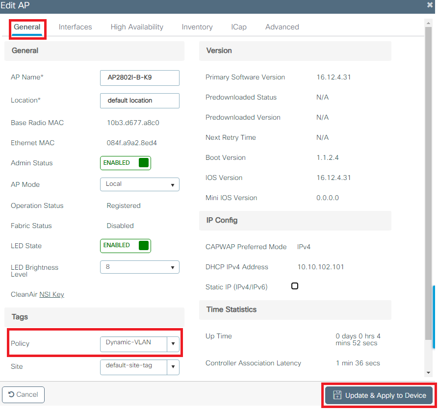 Assign the relevant policy tag and select Update & Apply to Device