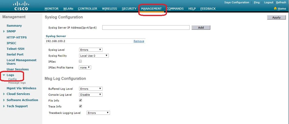 Syslog GUI page