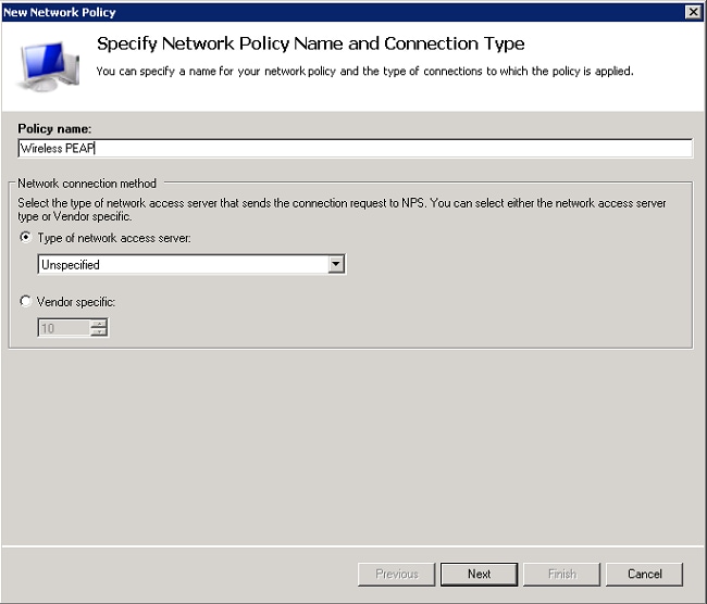 Specify Network Policy Name and Connection Type