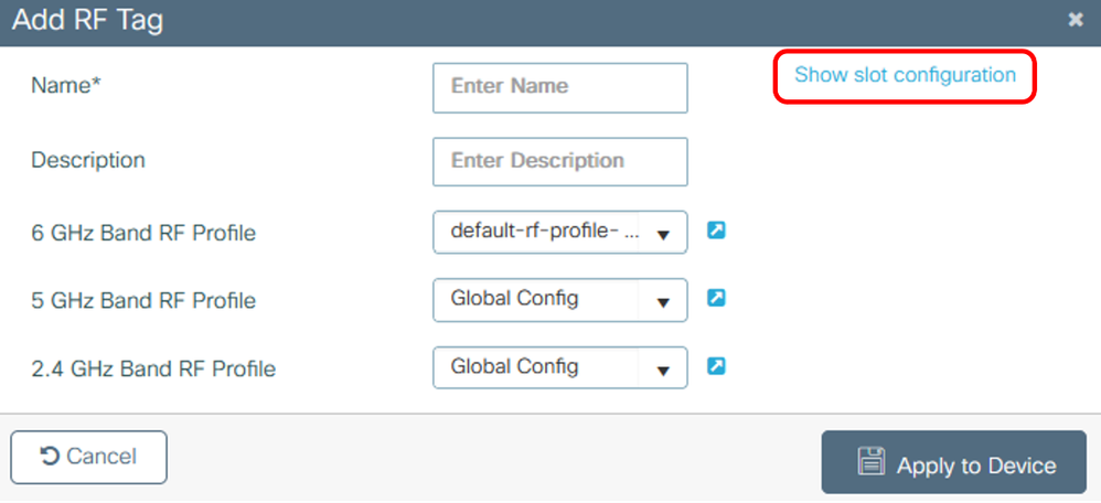 Mostrar configuração de slot dentro da marca RF